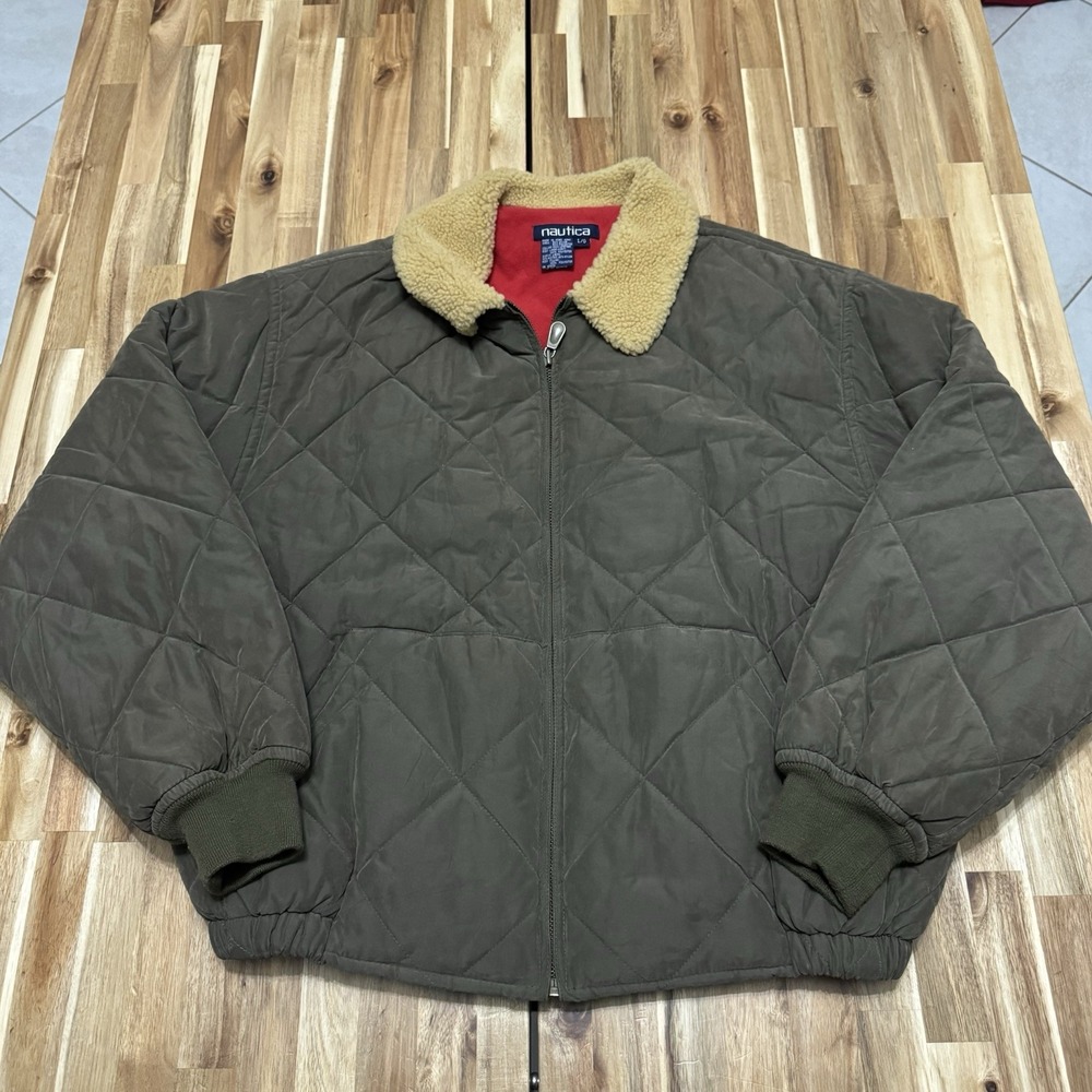 Vintage Nautica Jacket Mens L Green Diamond Quilted Sherpa Collar Fleece Lined